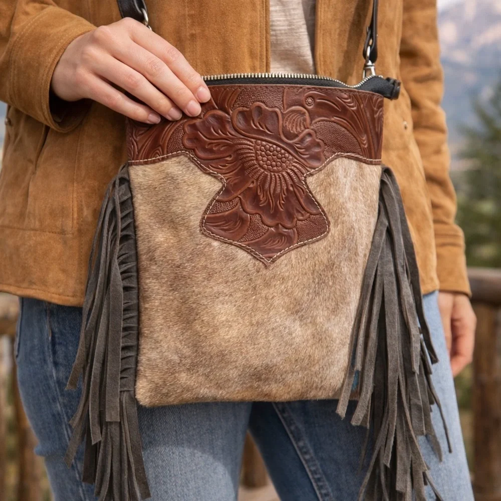 Genuine Cowhide Hair Embossed Leather Western Fringe Crossbody Boho Purse